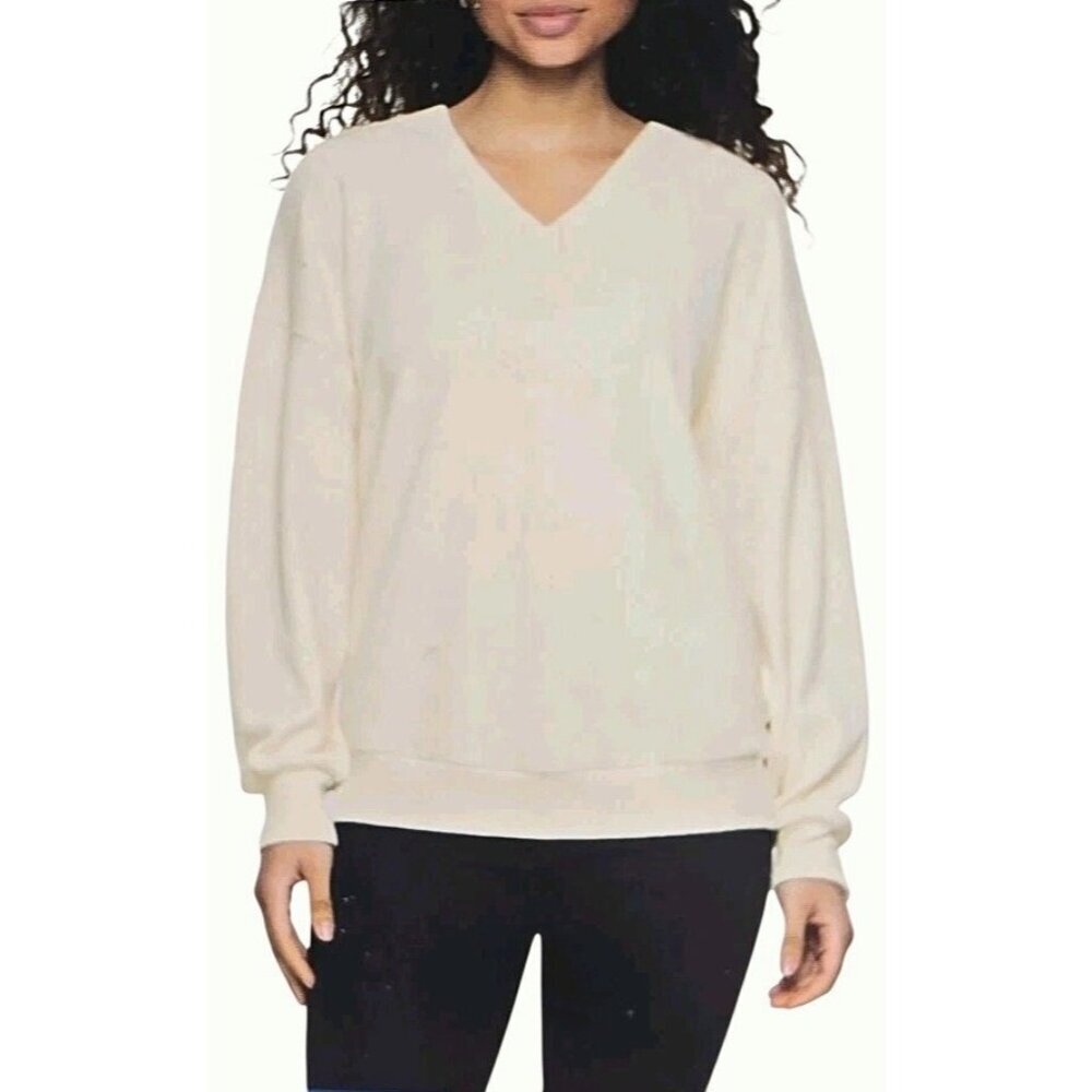 Felina Women's Size XS V-Neck Long-Sleeve Ribbed Sweater Cream L1237